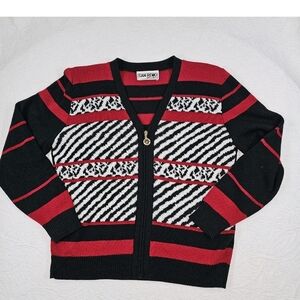 Vintage 1980's Zebra Geometric Stripe Zip Cardigan Sweater Retro Womens S